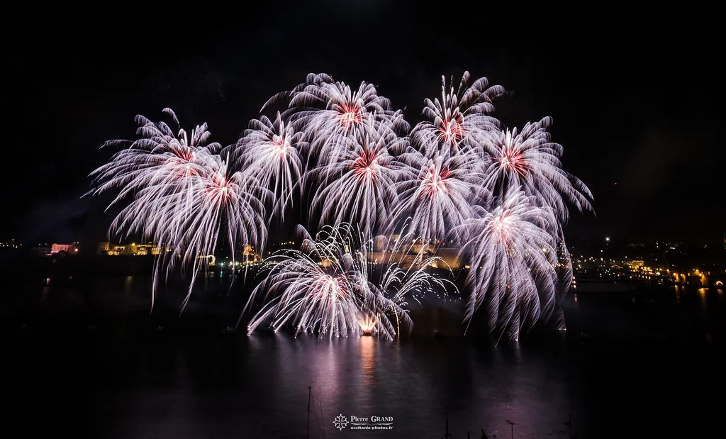 Chrysanthèmes blancs et mauves au-dessus des remparts, feu d'artifice du Grand Harbour, La Valette (Malte)